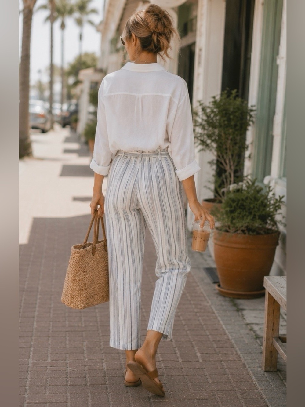 Madewell Linen Paperbag Pants Size 10 Coastal Stripe Crop Tie Waist Summer - Picture 13 of 14